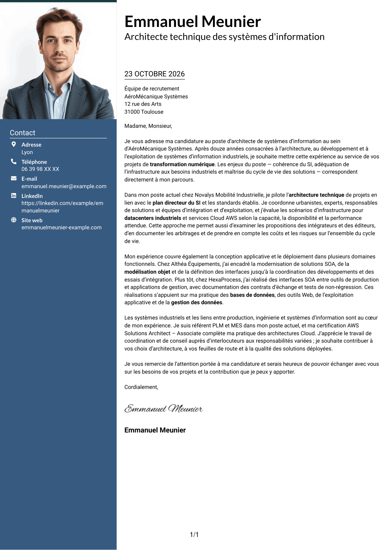 Lettre de motivation Signature (format à colonne latérale colorée avec grande photo) : Architecte de systèmes d'information - Architecture industrielle, page 1
