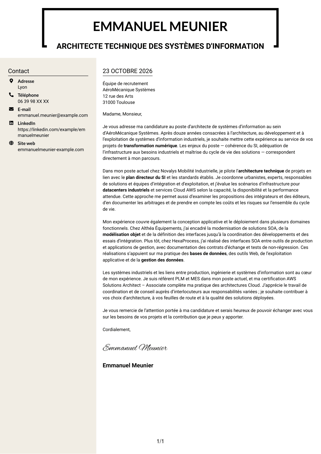 Lettre de motivation Fonceur (format à deux colonnes avec en-tête centré sans photo) : Architecte de systèmes d'information - Architecture industrielle, page 1