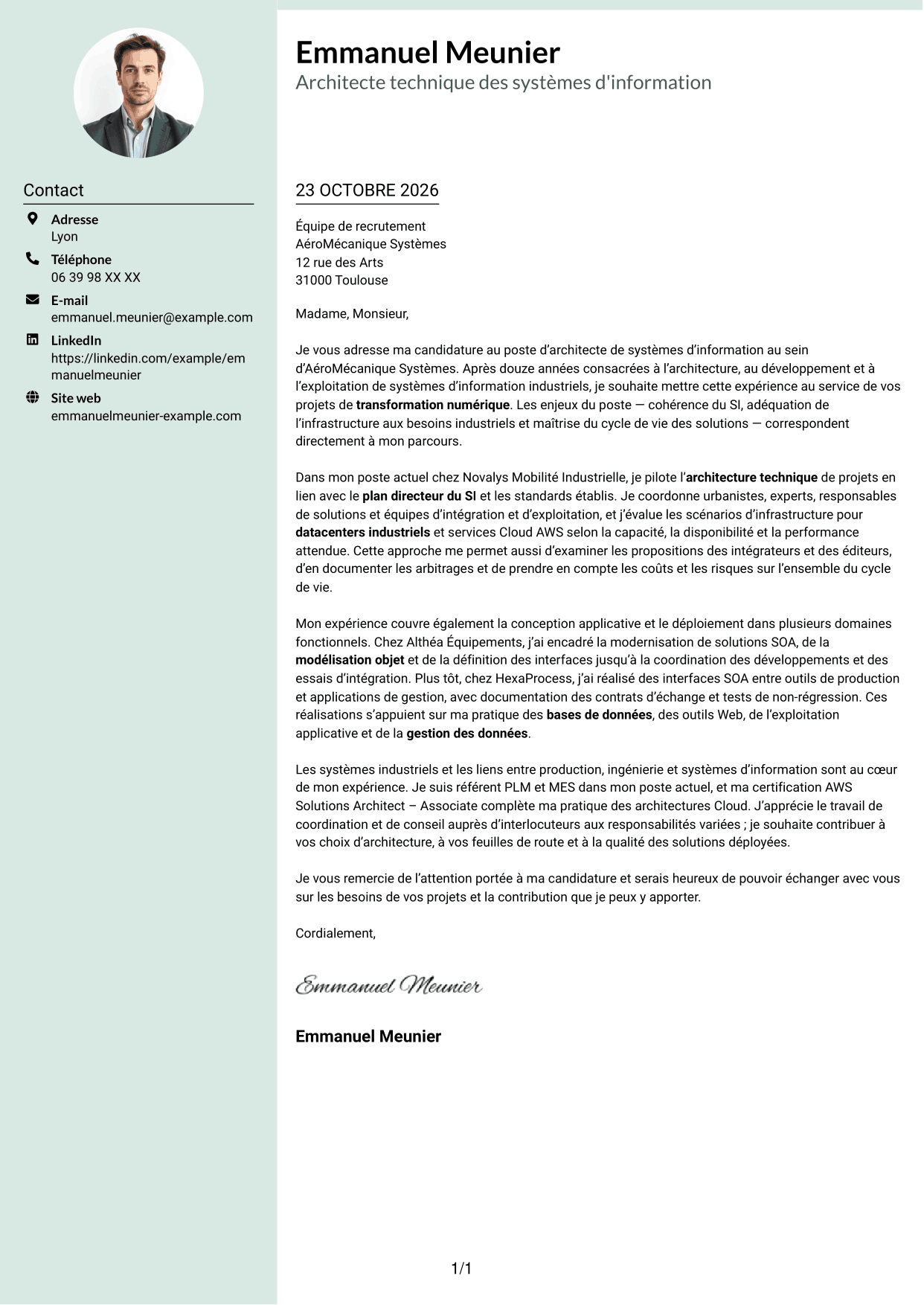 Lettre de motivation Cadre (format à colonne latérale douce avec photo arrondie) : Architecte de systèmes d'information - Architecture industrielle, page 1