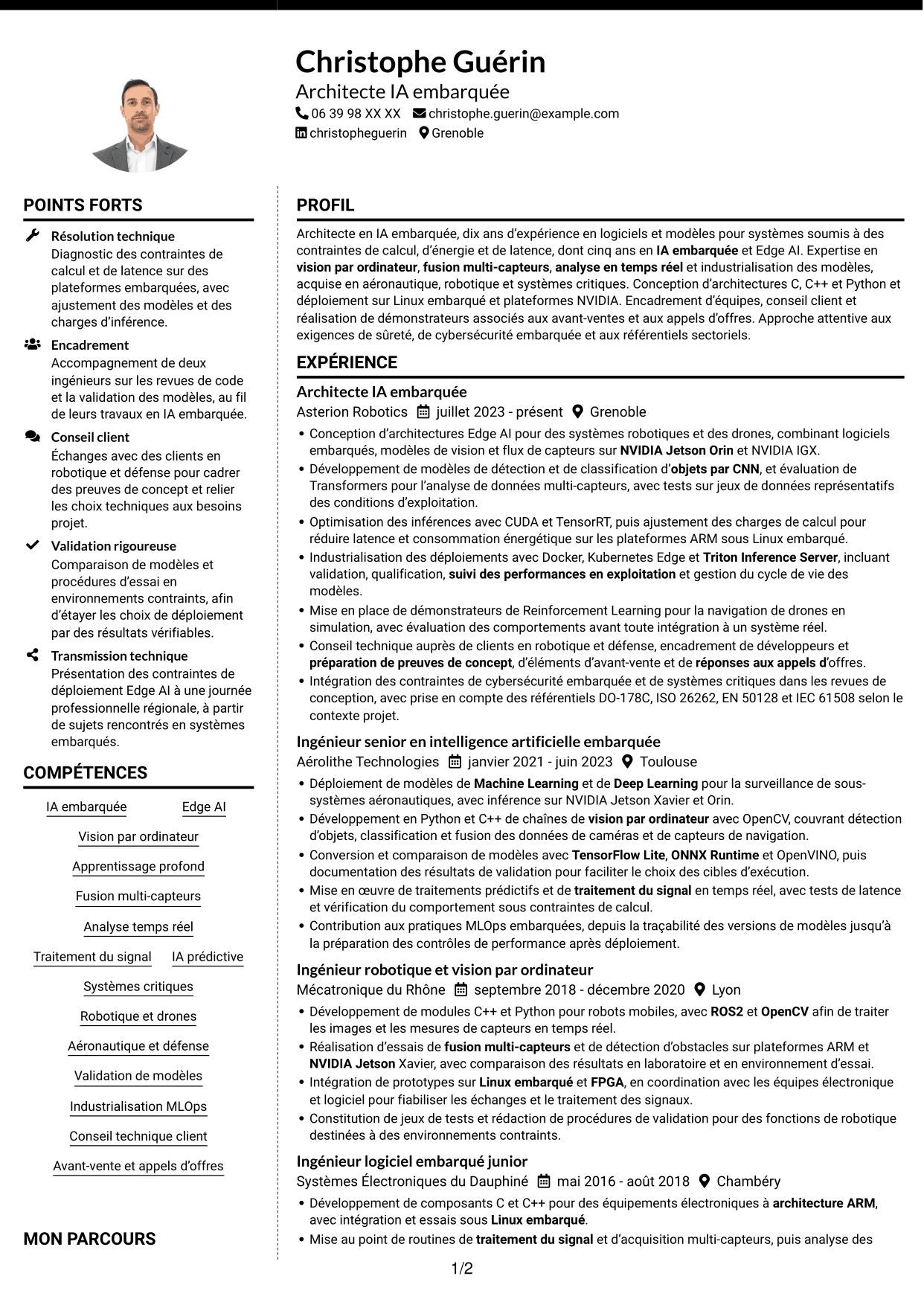 CV Moderne (format à deux colonnes avec photo à gauche et séparateur) : Architecte IA embarquée - Edge AI, page 1