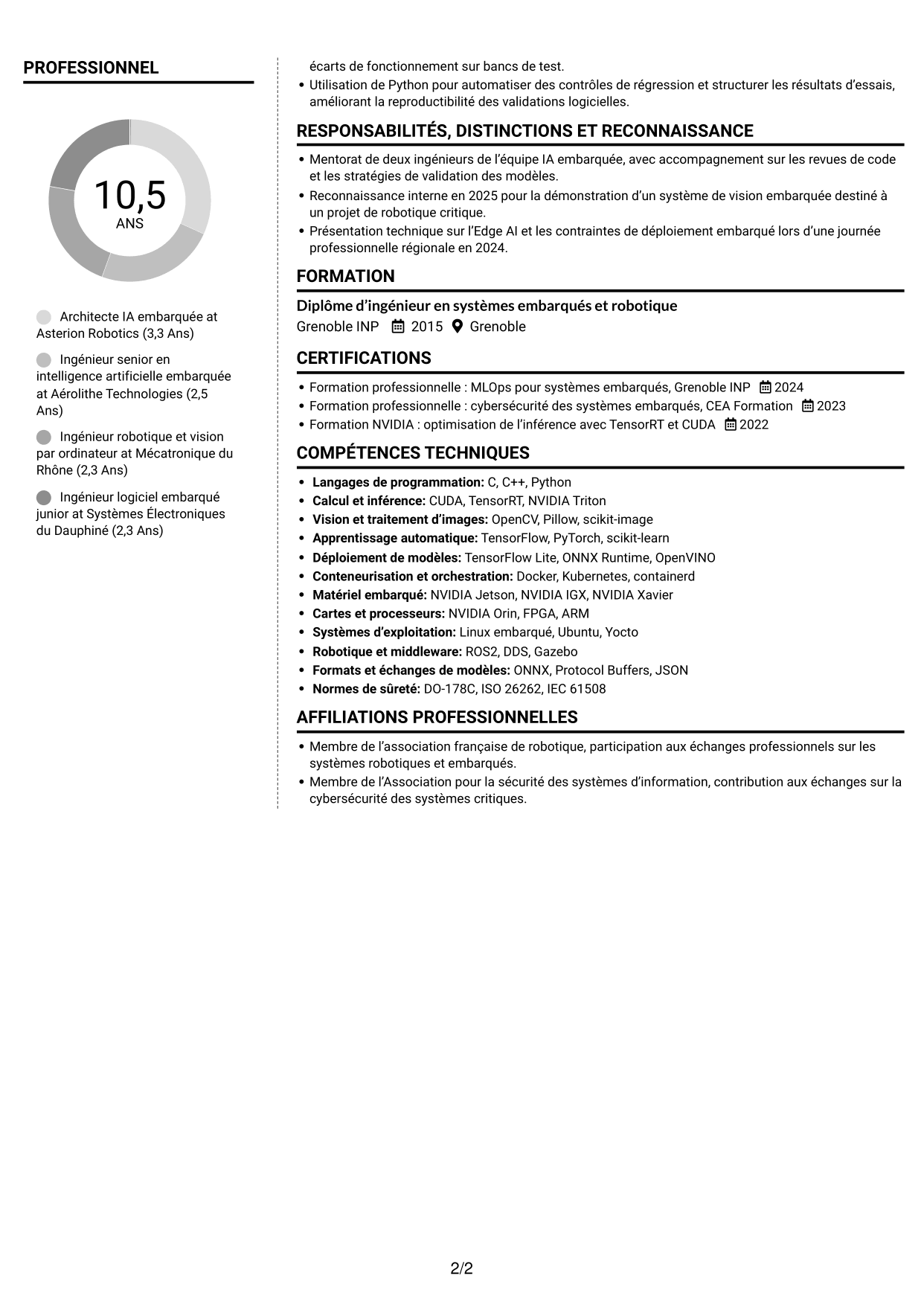 CV Moderne (format à deux colonnes avec photo à gauche et séparateur) : Architecte IA embarquée - Edge AI, page 2