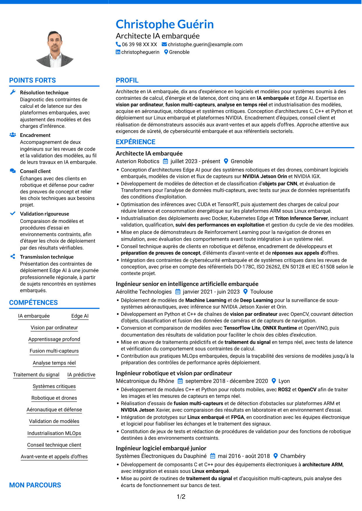 CV Audacieux (format à deux colonnes avec accents colorés et photo) : Architecte IA embarquée - Edge AI, page 1