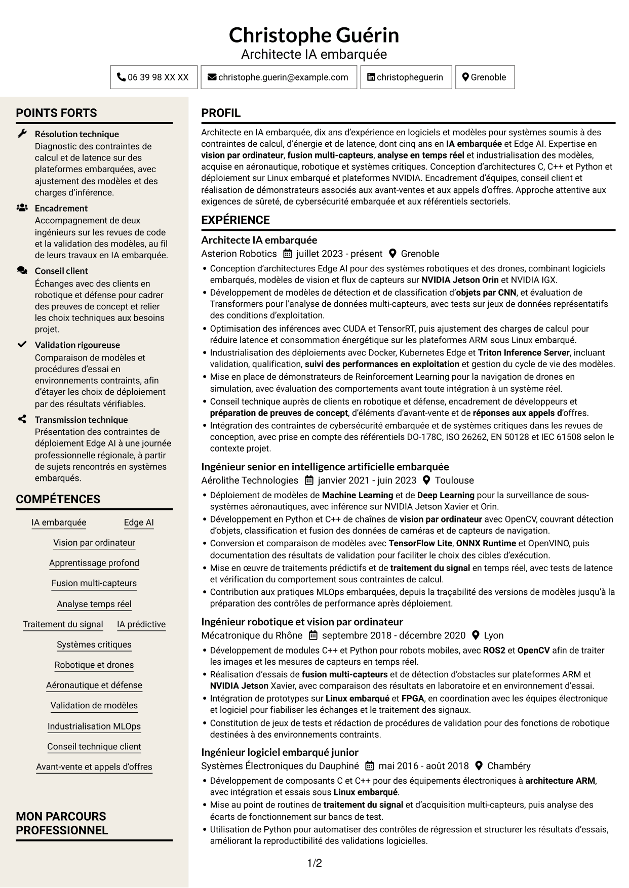 CV Fonceur (format à deux colonnes avec en-tête centré sans photo) : Architecte IA embarquée - Edge AI, page 1