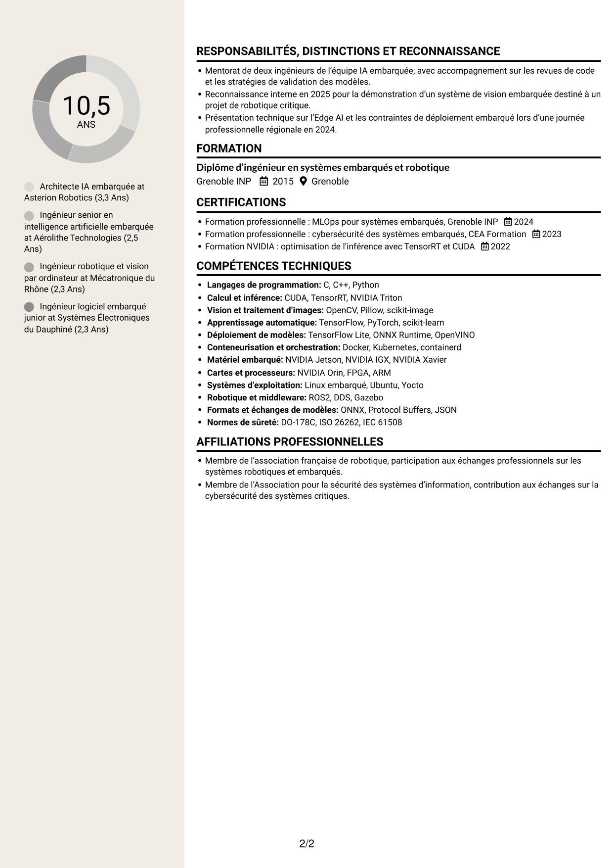 CV Fonceur (format à deux colonnes avec en-tête centré sans photo) : Architecte IA embarquée - Edge AI, page 2