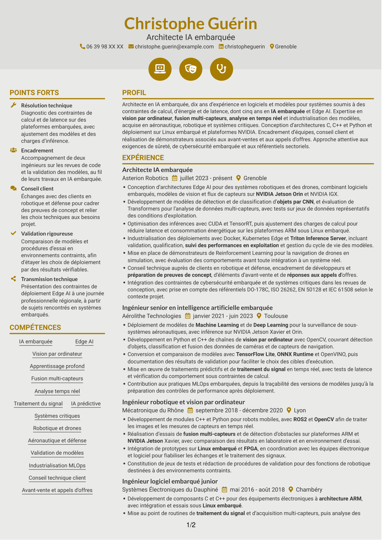 CV Dynamique (format à deux colonnes avec icônes) : Architecte IA embarquée - Edge AI, page 1