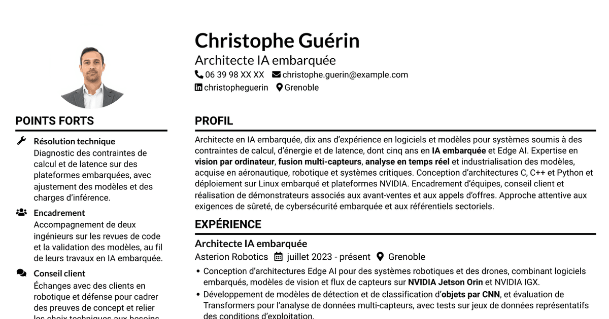 7 modèles de CV pour Architecte IA embarquée - Edge AI, avec exemples