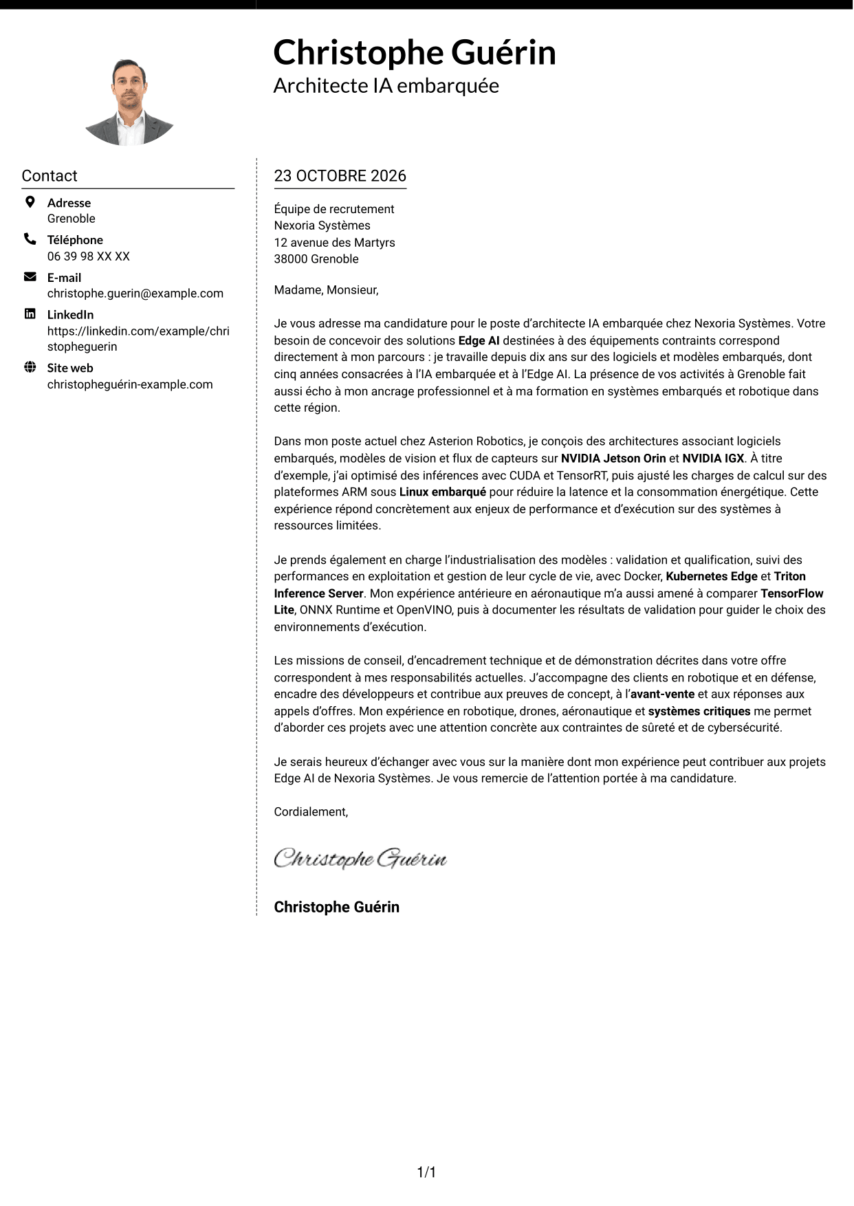 Lettre de motivation Moderne (format à deux colonnes avec photo à gauche et séparateur) : Architecte IA embarquée - Edge AI, page 1