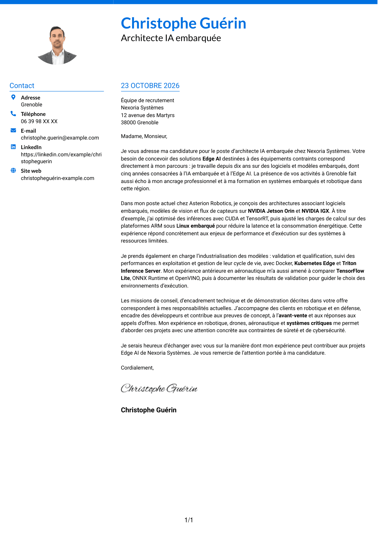Lettre de motivation Audacieux (format à deux colonnes avec accents colorés et photo) : Architecte IA embarquée - Edge AI, page 1