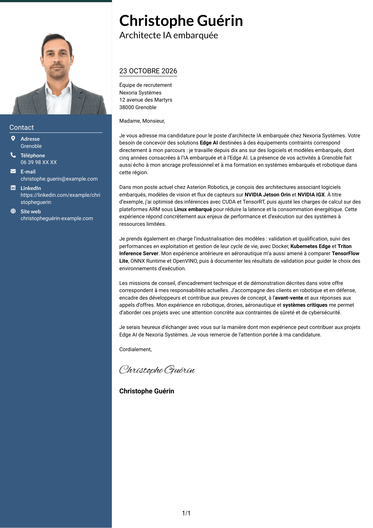 Lettre de motivation Signature (format à colonne latérale colorée avec grande photo) : Architecte IA embarquée - Edge AI, page 1