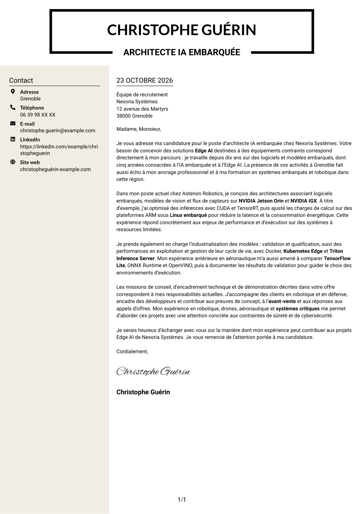 Lettre de motivation Fonceur (format à deux colonnes avec en-tête centré sans photo) : Architecte IA embarquée - Edge AI, page 1
