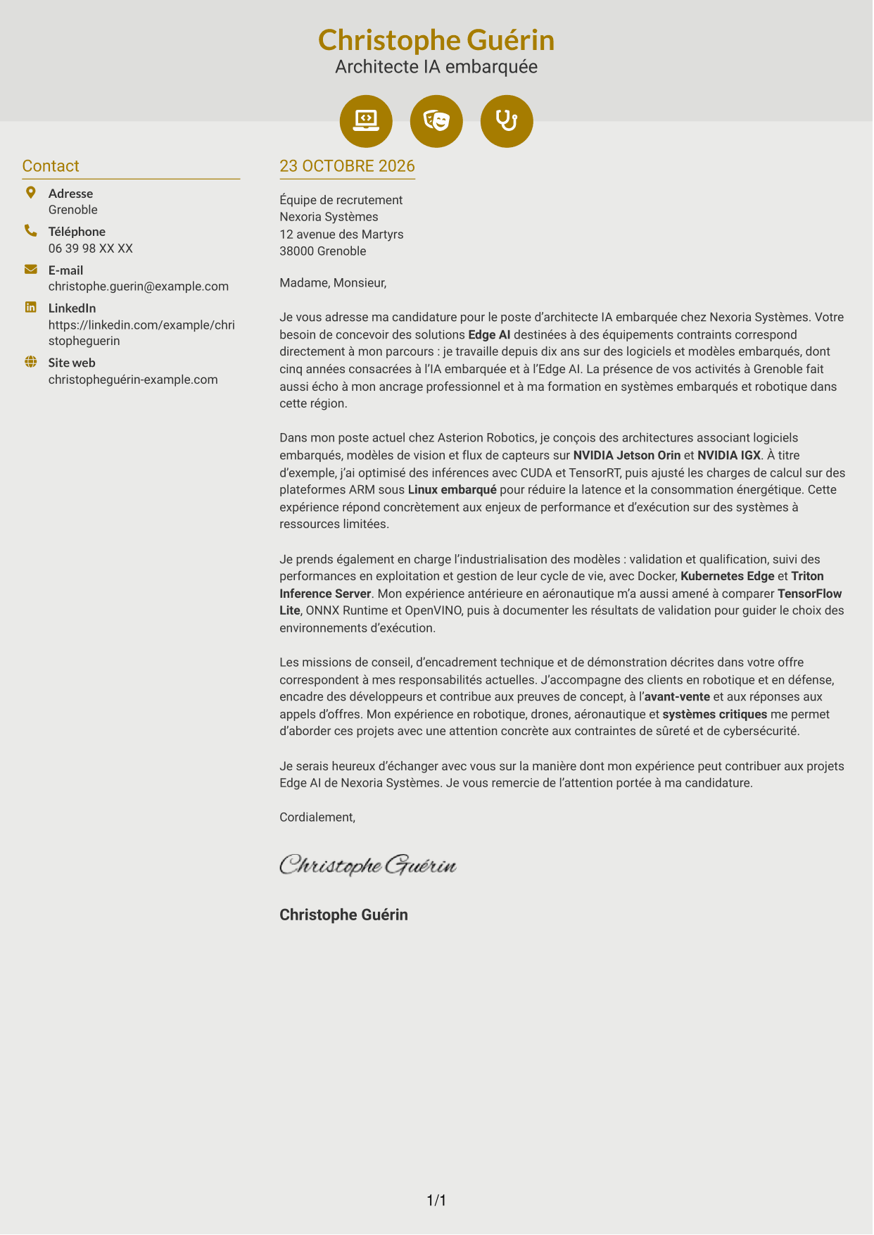 Lettre de motivation Dynamique (format à deux colonnes avec icônes) : Architecte IA embarquée - Edge AI, page 1
