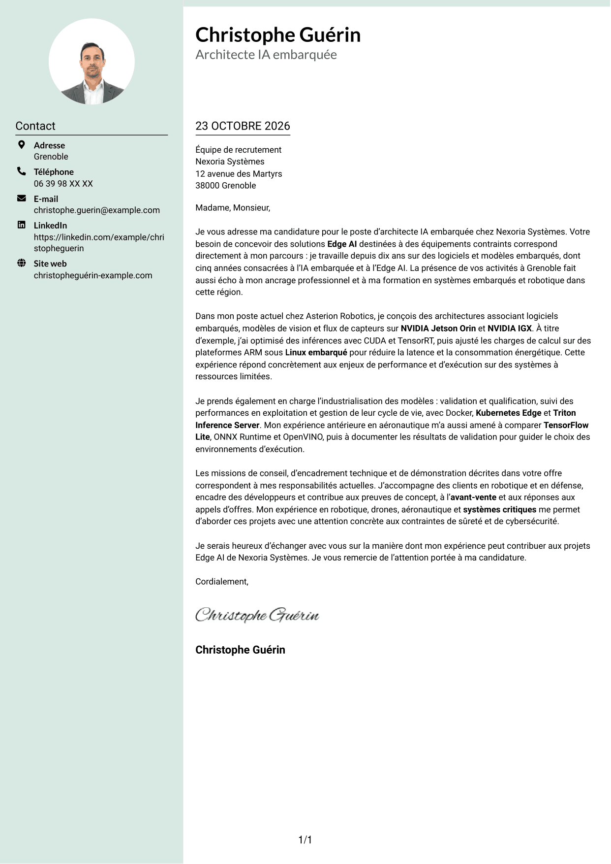 Lettre de motivation Cadre (format à colonne latérale douce avec photo arrondie) : Architecte IA embarquée - Edge AI, page 1