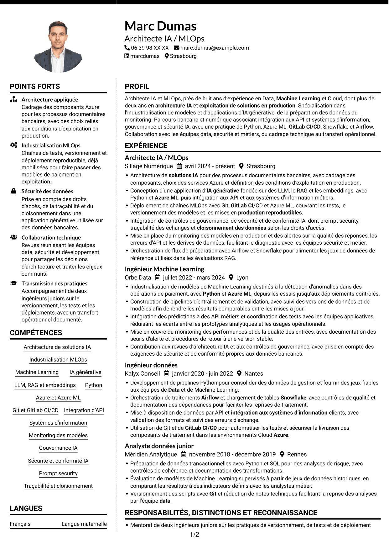 CV Moderne (format à deux colonnes avec photo à gauche et séparateur) : Architecte IA - MLOps, page 1