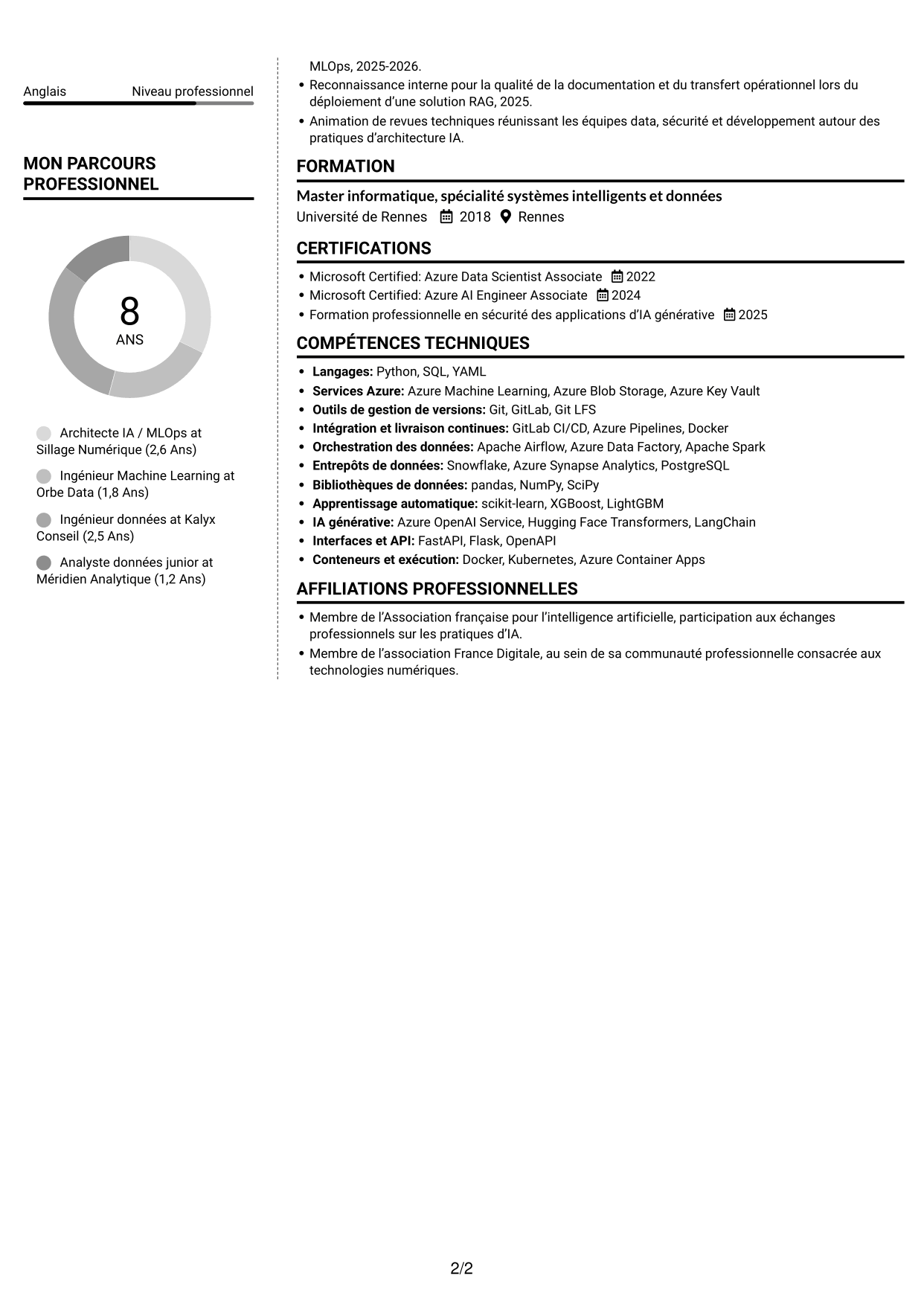 CV Moderne (format à deux colonnes avec photo à gauche et séparateur) : Architecte IA - MLOps, page 2
