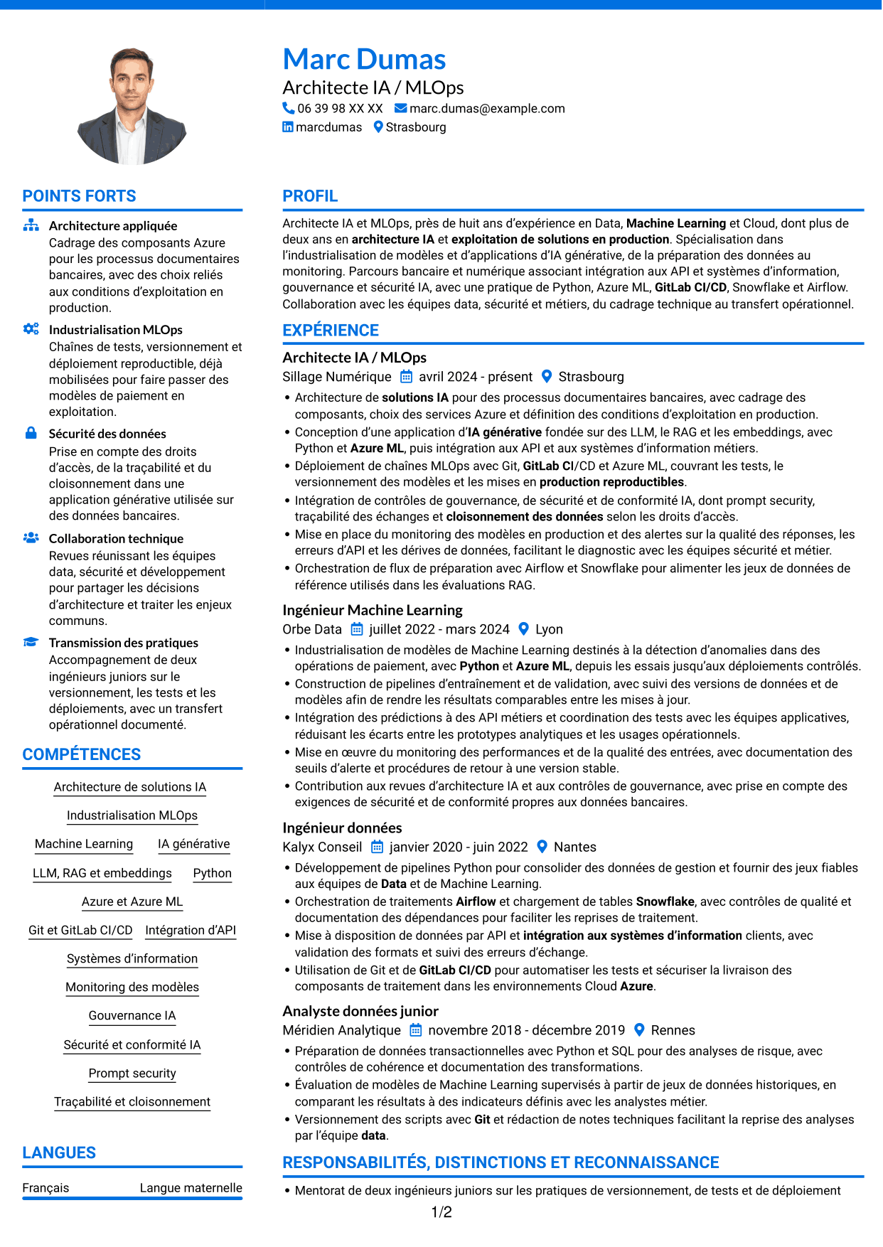 CV Audacieux (format à deux colonnes avec accents colorés et photo) : Architecte IA - MLOps, page 1