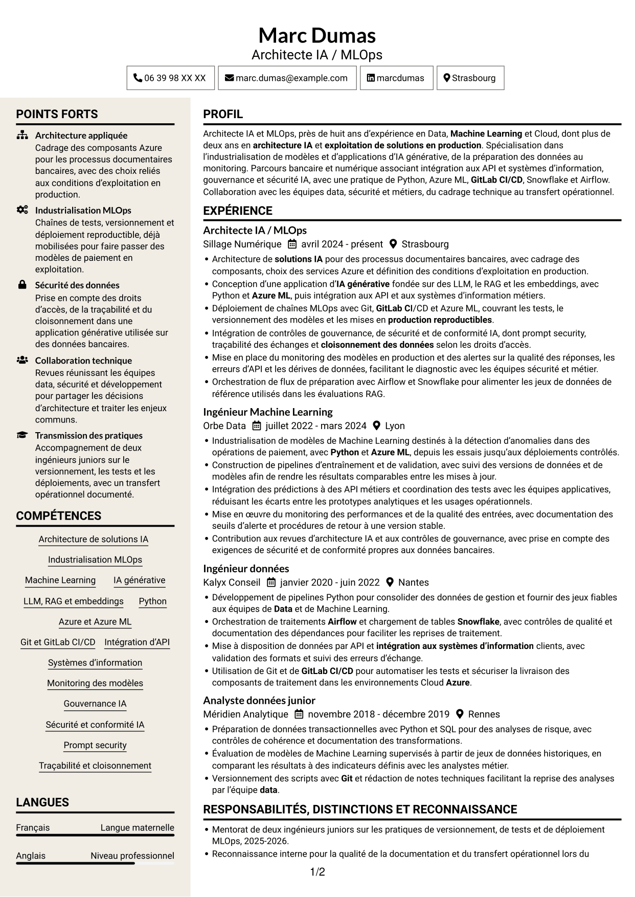 CV Fonceur (format à deux colonnes avec en-tête centré sans photo) : Architecte IA - MLOps, page 1