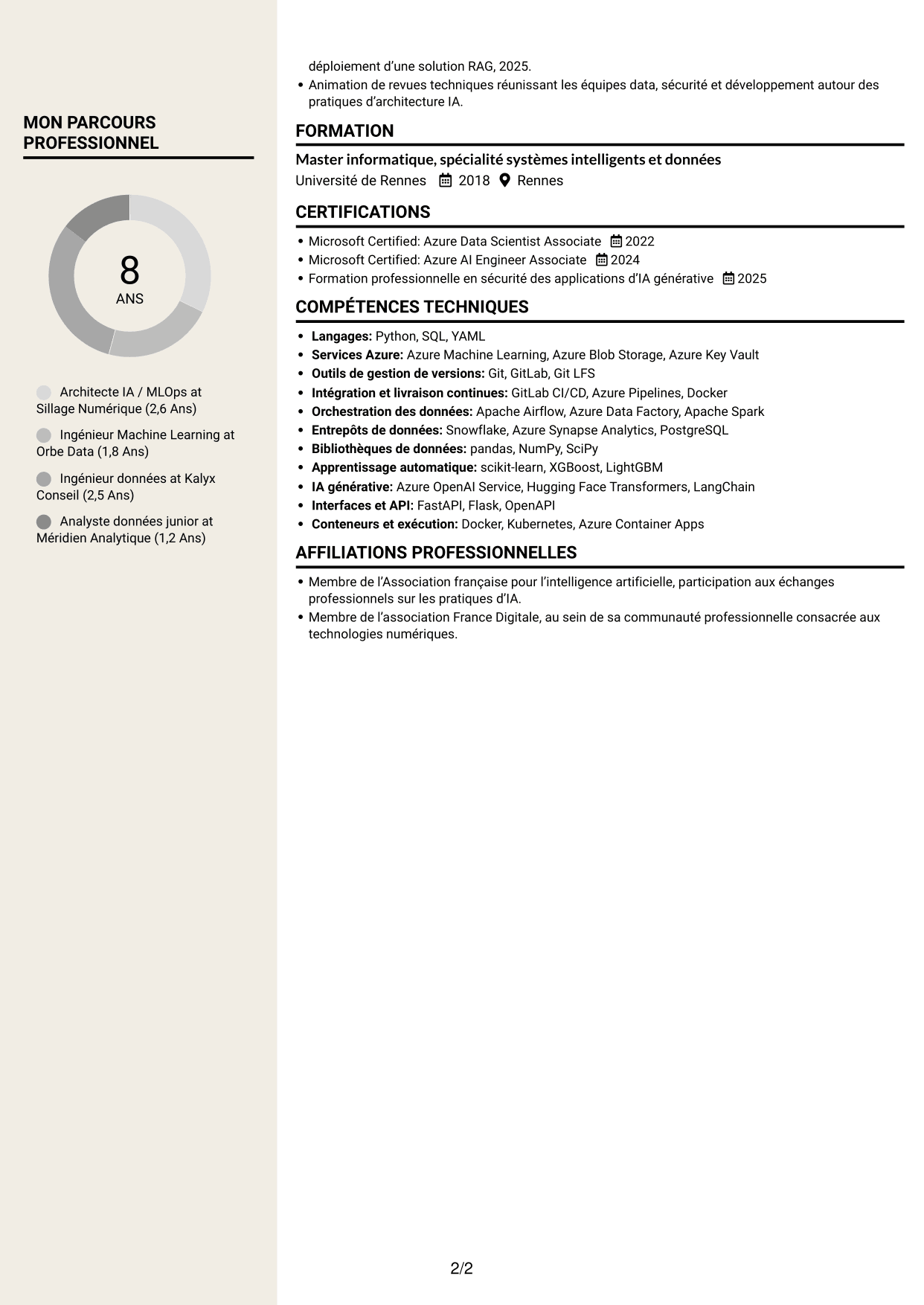 CV Fonceur (format à deux colonnes avec en-tête centré sans photo) : Architecte IA - MLOps, page 2