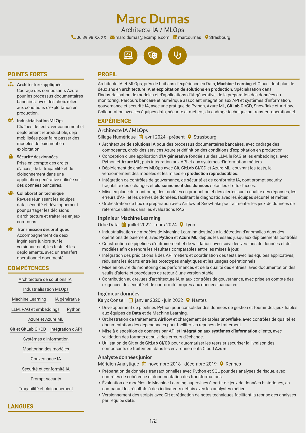 CV Dynamique (format à deux colonnes avec icônes) : Architecte IA - MLOps, page 1
