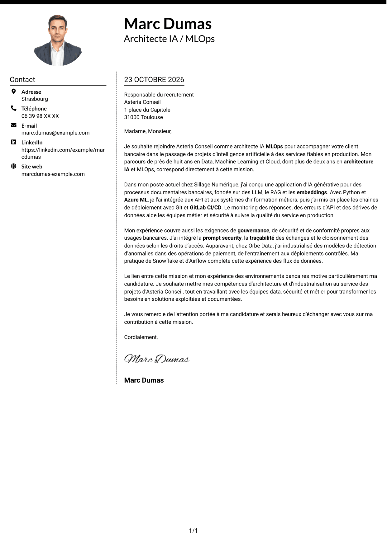 Lettre de motivation Moderne (format à deux colonnes avec photo à gauche et séparateur) : Architecte IA - MLOps, page 1
