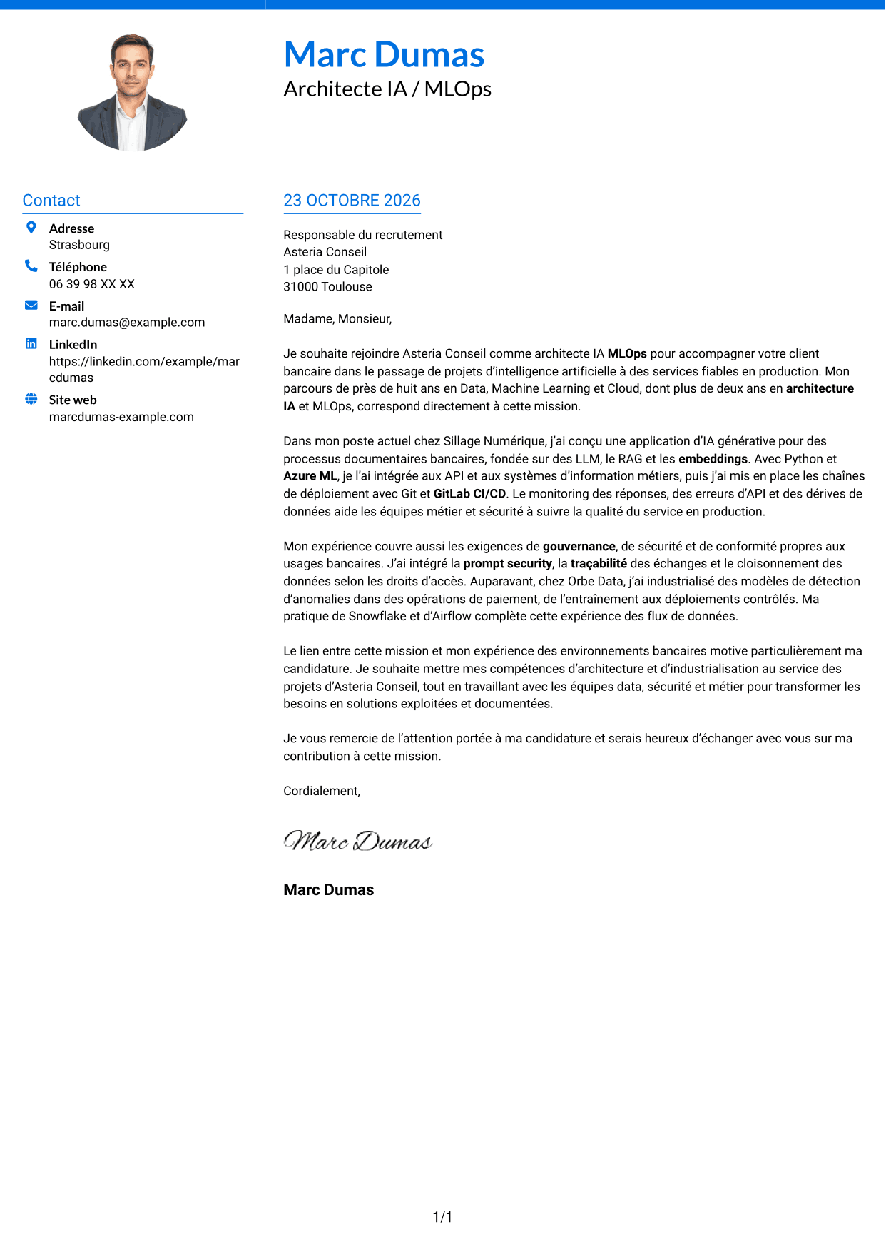Lettre de motivation Audacieux (format à deux colonnes avec accents colorés et photo) : Architecte IA - MLOps, page 1