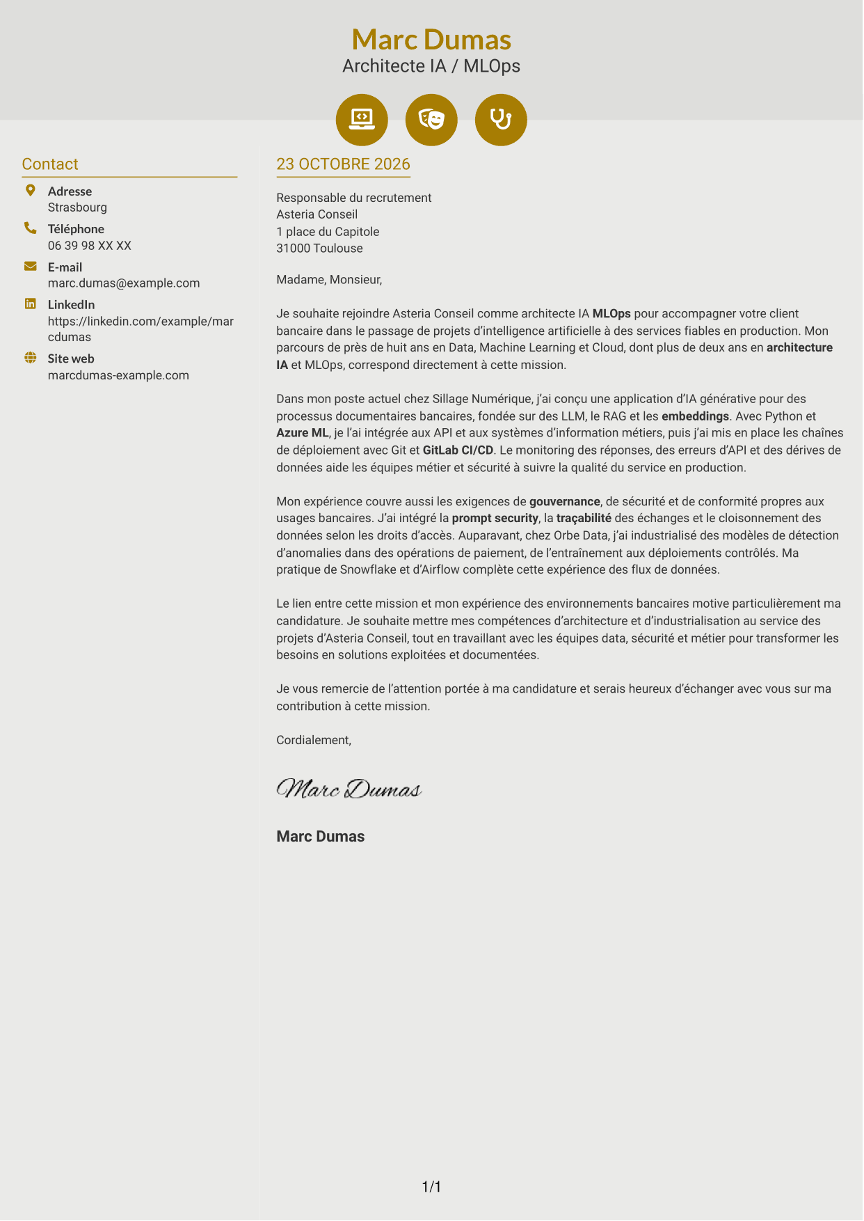 Lettre de motivation Dynamique (format à deux colonnes avec icônes) : Architecte IA - MLOps, page 1