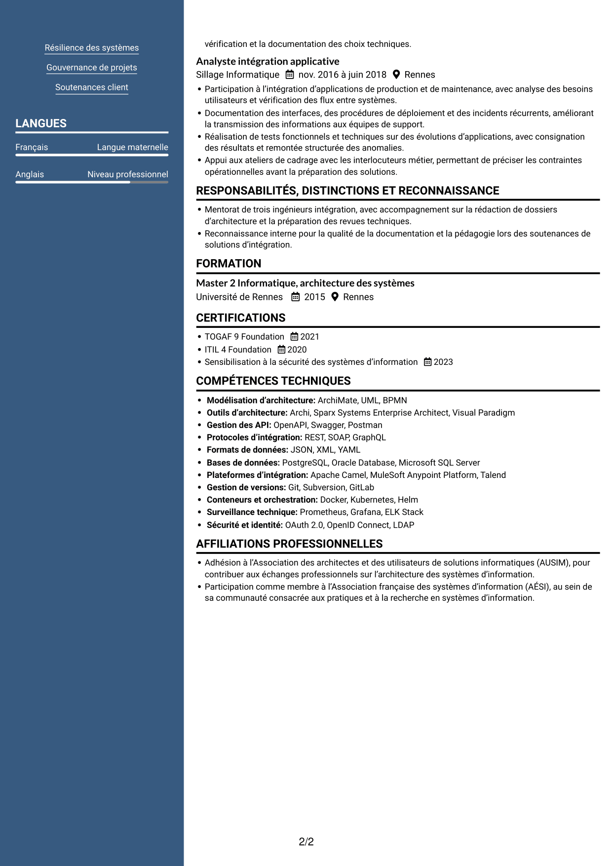 CV Signature (format à colonne latérale colorée avec grande photo) : Architecte IT - Maintenance aéronautique, page 2