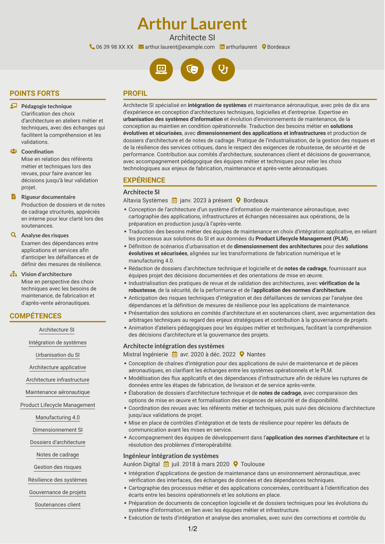 CV Dynamique (format à deux colonnes avec icônes) : Architecte IT - Maintenance aéronautique, page 1