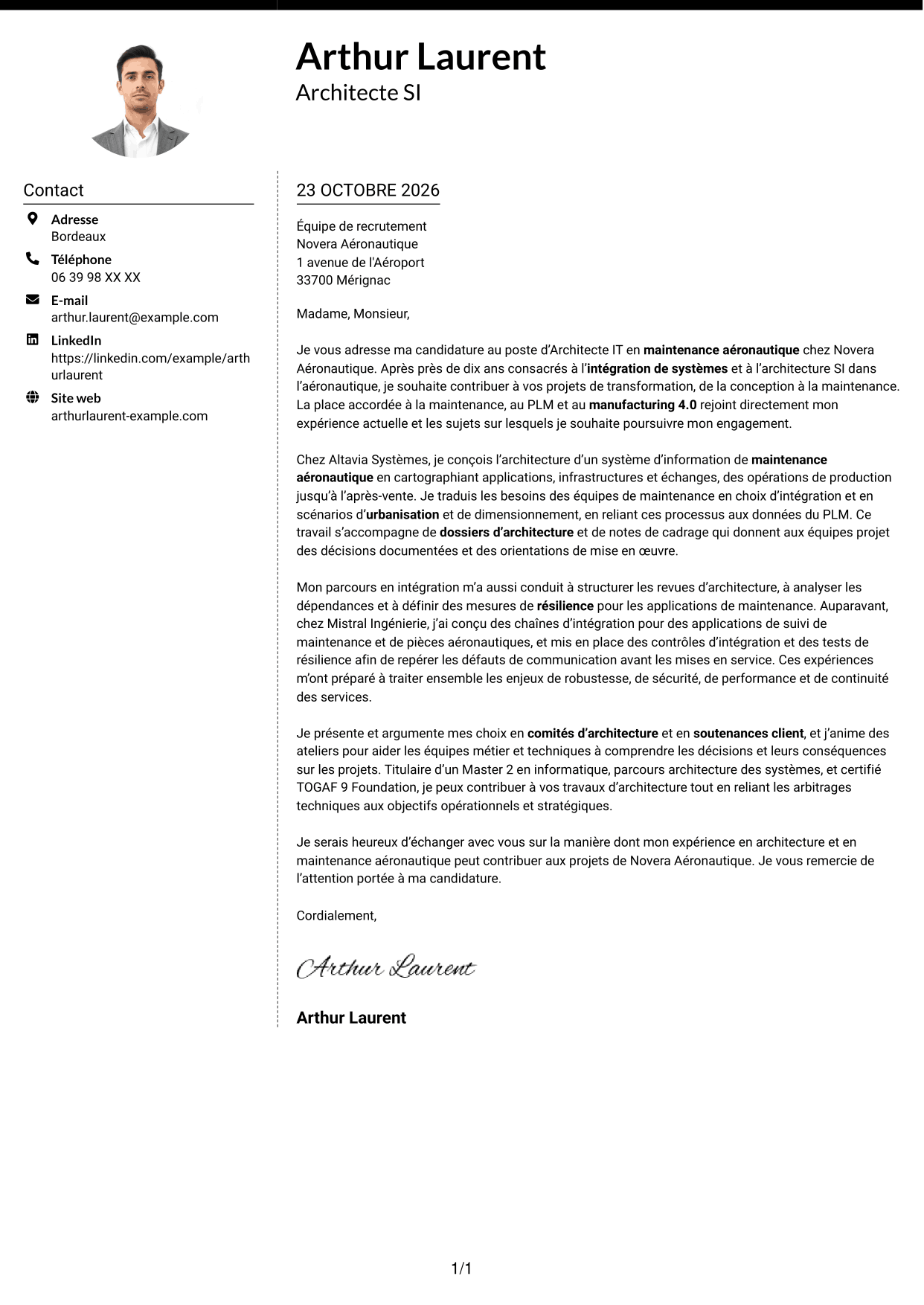 Lettre de motivation Moderne (format à deux colonnes avec photo à gauche et séparateur) : Architecte IT - Maintenance aéronautique, page 1
