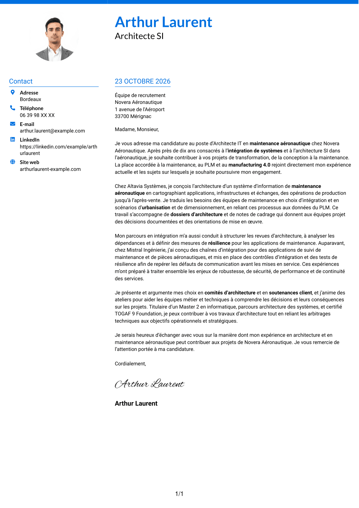 Lettre de motivation Audacieux (format à deux colonnes avec accents colorés et photo) : Architecte IT - Maintenance aéronautique, page 1