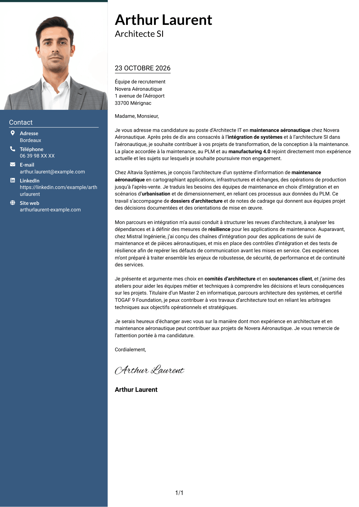 Lettre de motivation Signature (format à colonne latérale colorée avec grande photo) : Architecte IT - Maintenance aéronautique, page 1