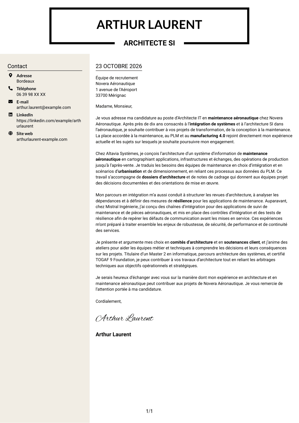 Lettre de motivation Fonceur (format à deux colonnes avec en-tête centré sans photo) : Architecte IT - Maintenance aéronautique, page 1