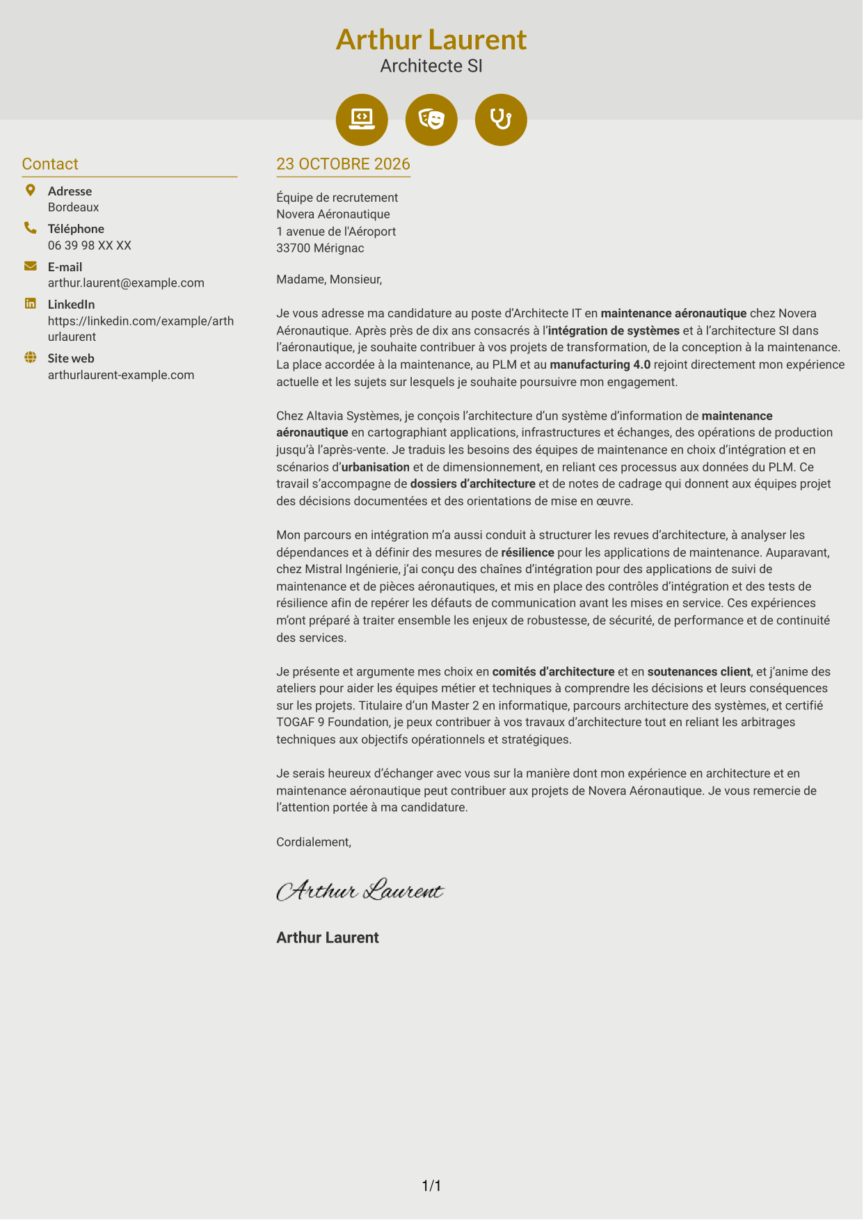 Lettre de motivation Dynamique (format à deux colonnes avec icônes) : Architecte IT - Maintenance aéronautique, page 1