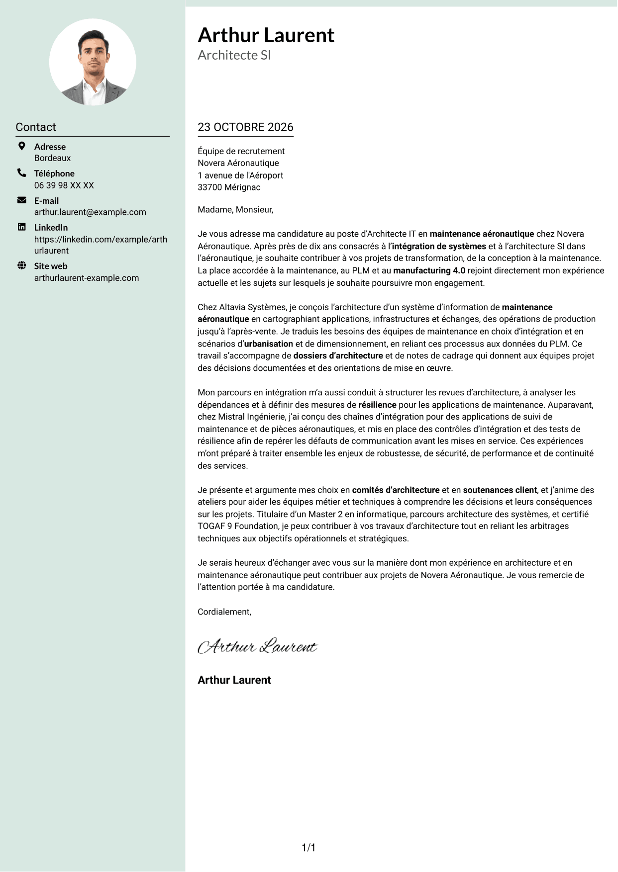 Lettre de motivation Cadre (format à colonne latérale douce avec photo arrondie) : Architecte IT - Maintenance aéronautique, page 1