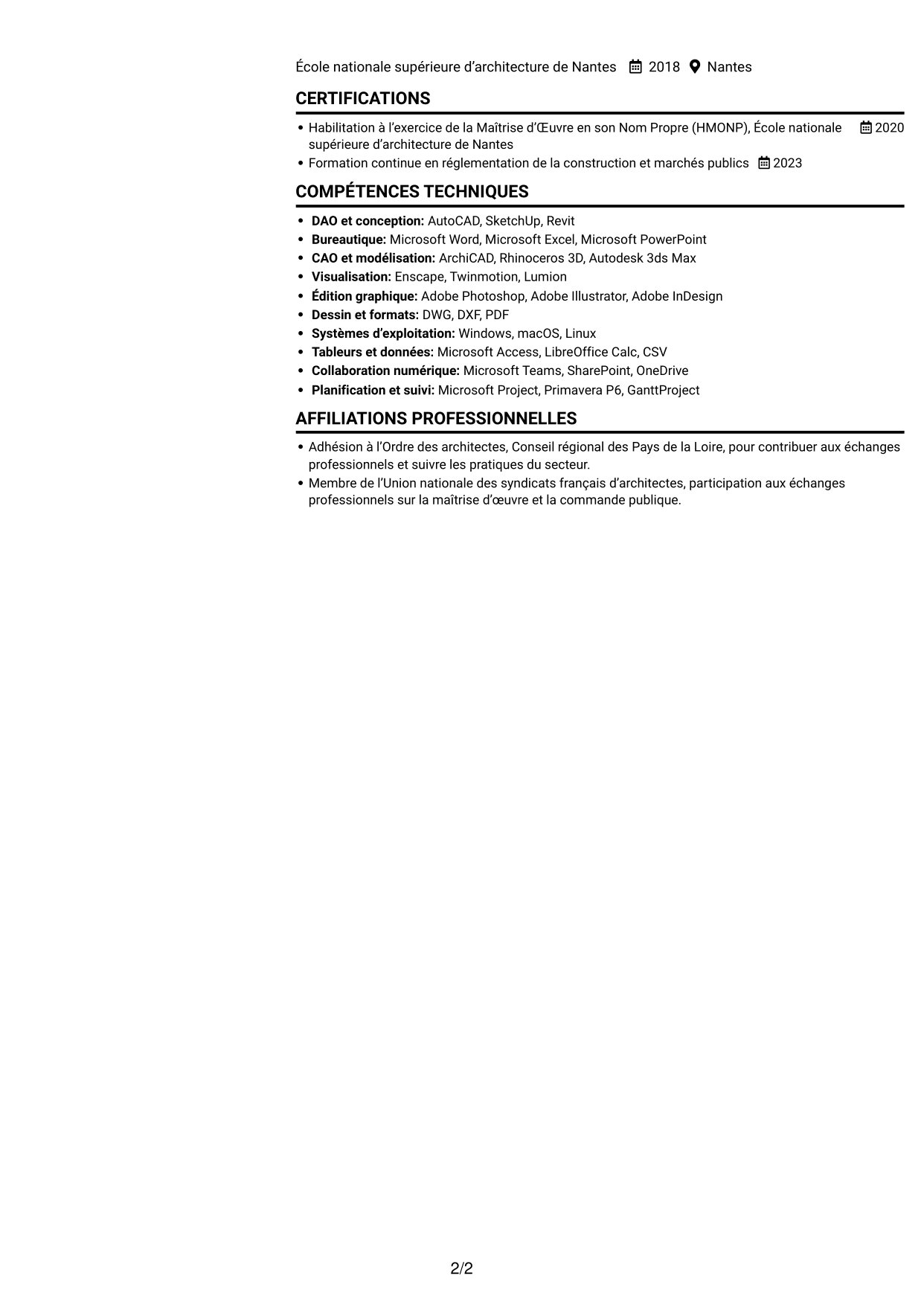 CV Compact (format sobre à deux colonnes avec photo) : Architecte - Patrimoine bâti public, page 2