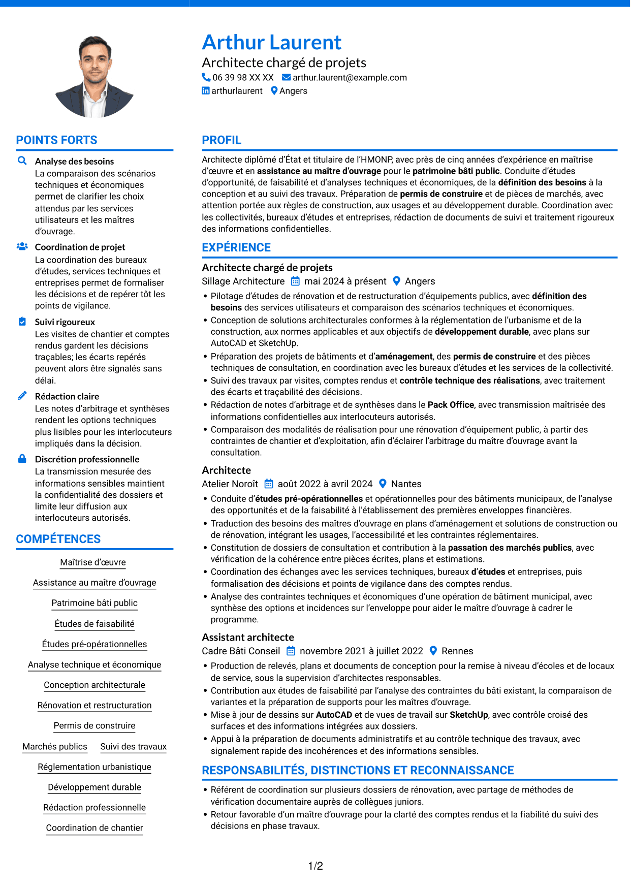 CV Audacieux (format à deux colonnes avec accents colorés et photo) : Architecte - Patrimoine bâti public, page 1
