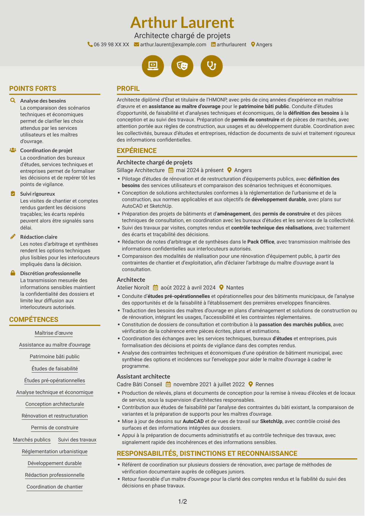 CV Dynamique (format à deux colonnes avec icônes) : Architecte - Patrimoine bâti public, page 1