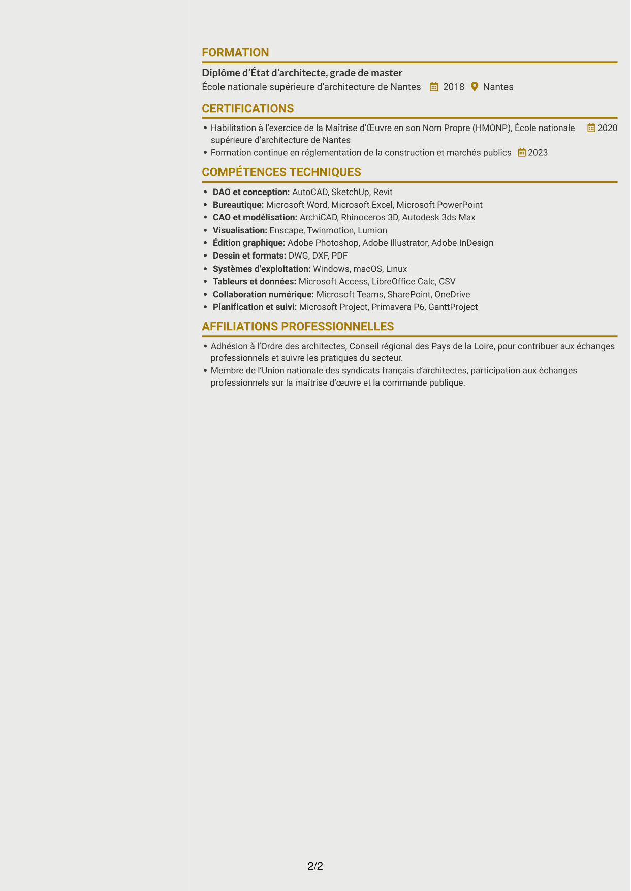 CV Dynamique (format à deux colonnes avec icônes) : Architecte - Patrimoine bâti public, page 2