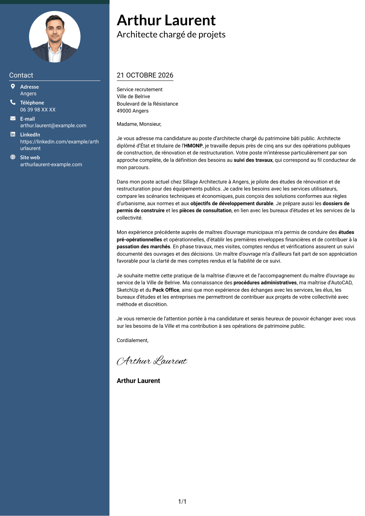 Lettre de motivation Élégant (format à colonne latérale colorée avec photo) : Architecte - Patrimoine bâti public, page 1