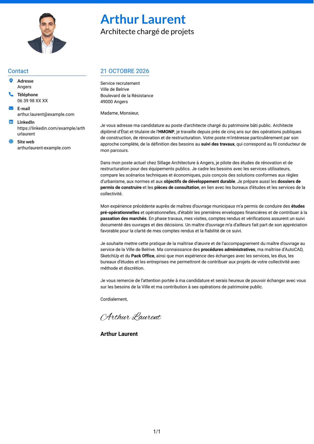 Lettre de motivation Audacieux (format à deux colonnes avec accents colorés et photo) : Architecte - Patrimoine bâti public, page 1