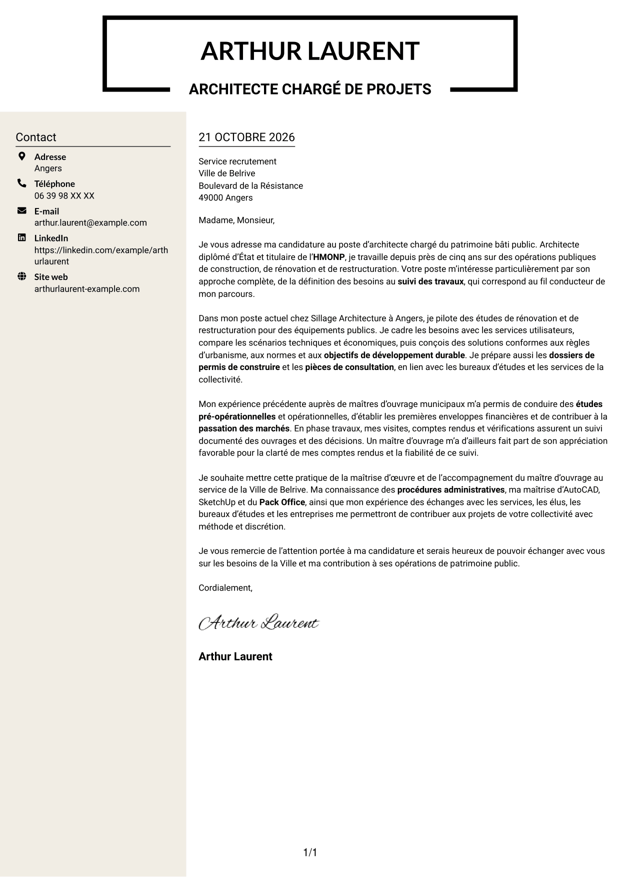 Lettre de motivation Fonceur (format à deux colonnes avec en-tête centré sans photo) : Architecte - Patrimoine bâti public, page 1