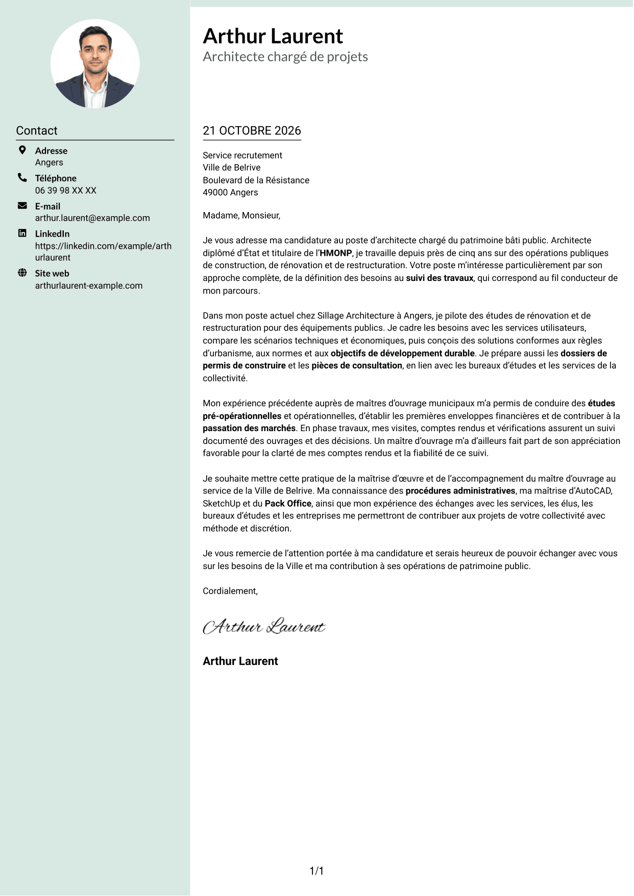 Lettre de motivation Cadre (format à colonne latérale douce avec photo arrondie) : Architecte - Patrimoine bâti public, page 1