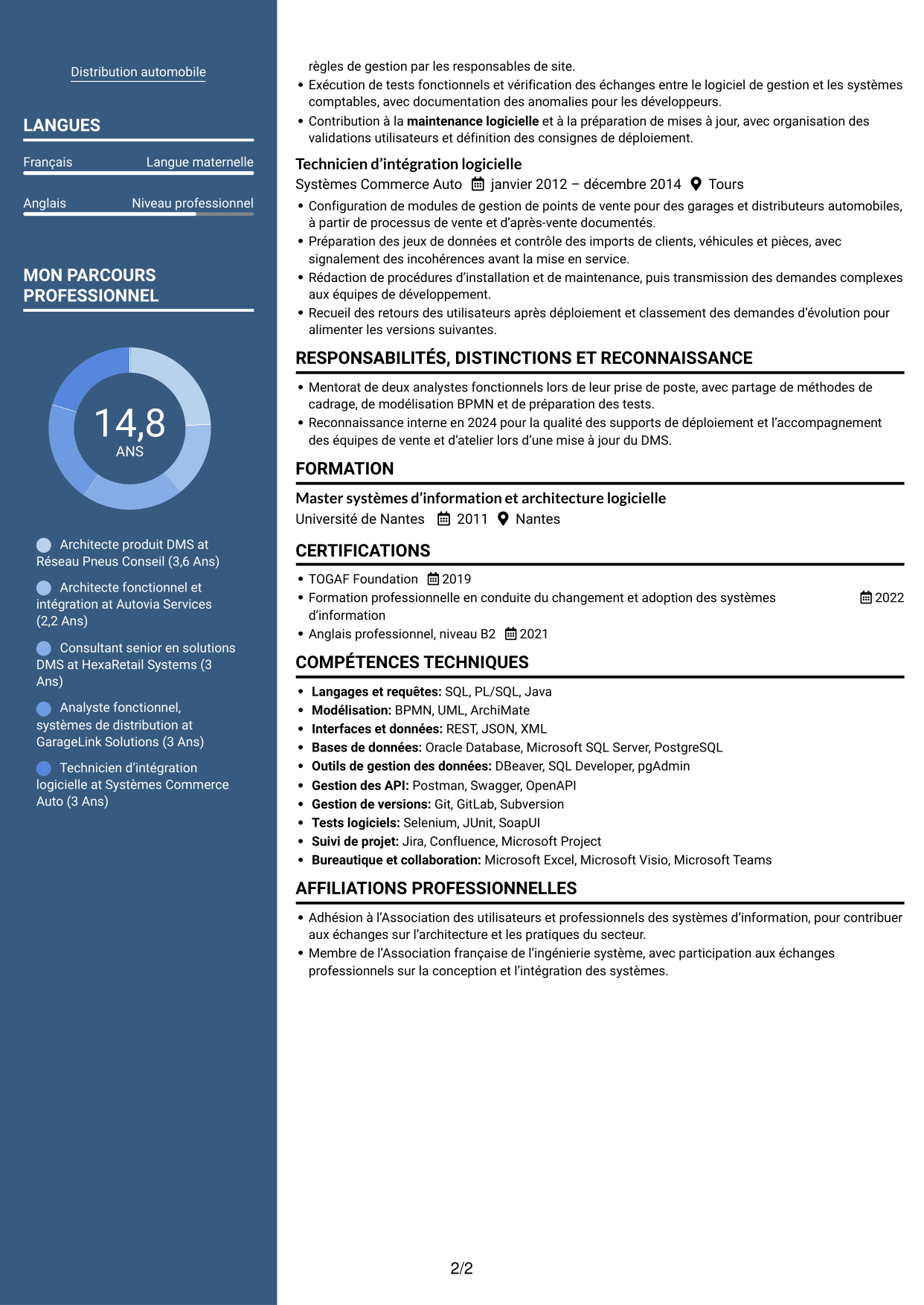CV Élégant (format à colonne latérale colorée avec photo) : Architecte produit Dealer Management System, page 2