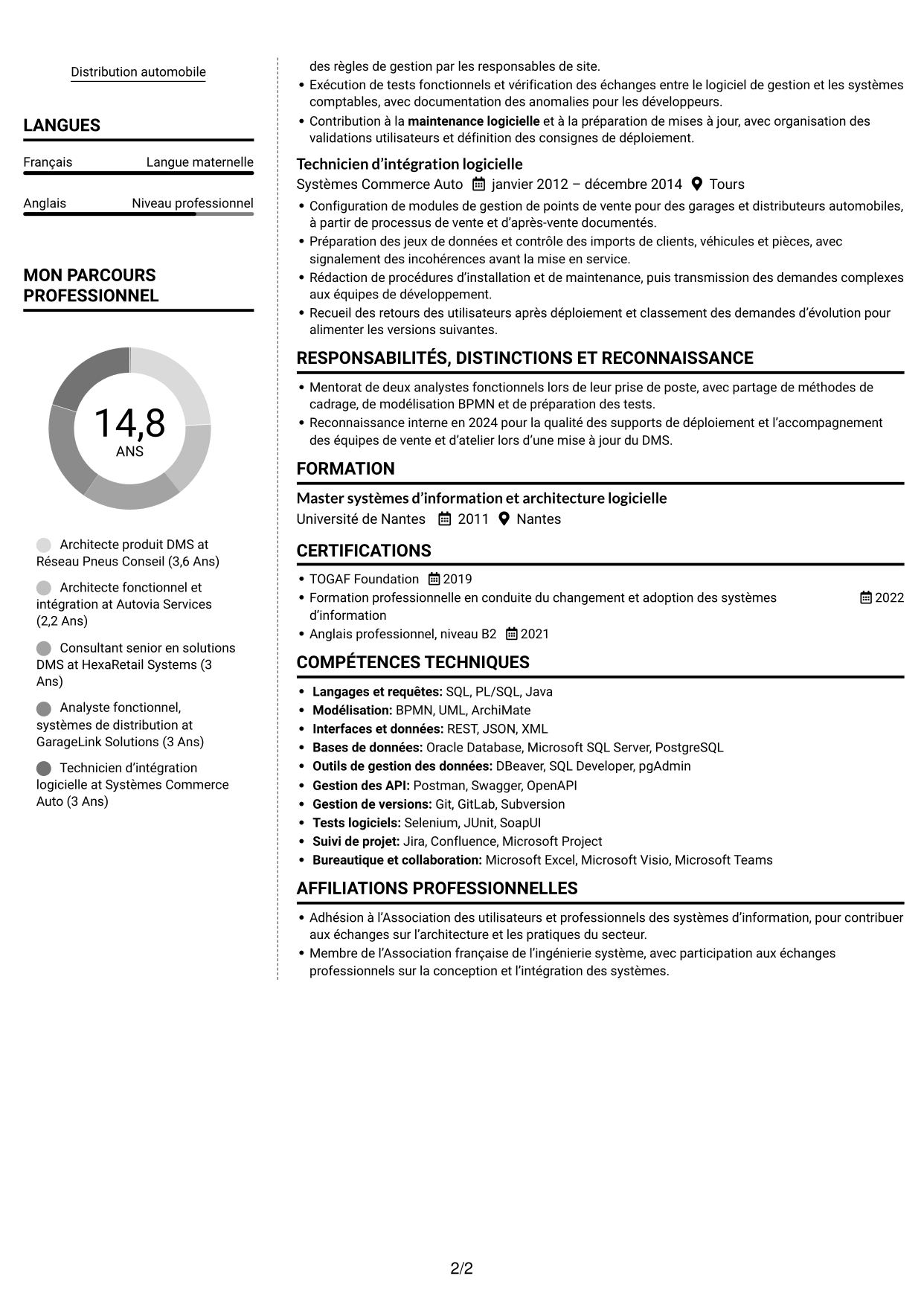 CV Moderne (format à deux colonnes avec photo à gauche et séparateur) : Architecte produit Dealer Management System, page 2