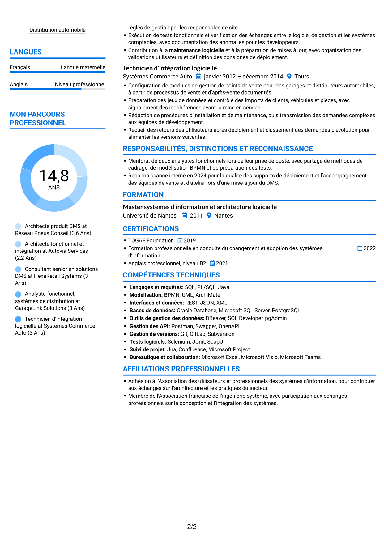 CV Audacieux (format à deux colonnes avec accents colorés et photo) : Architecte produit Dealer Management System, page 2