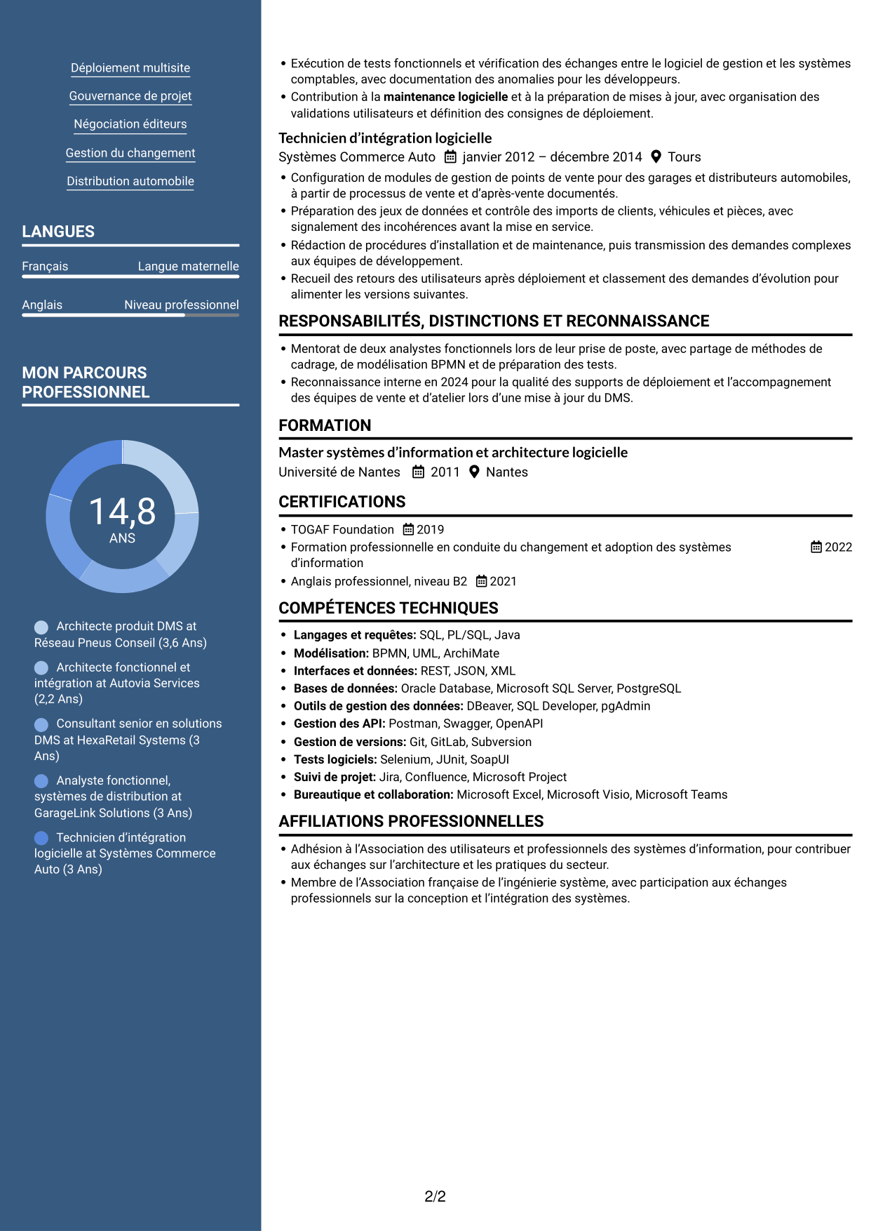 CV Signature (format à colonne latérale colorée avec grande photo) : Architecte produit Dealer Management System, page 2