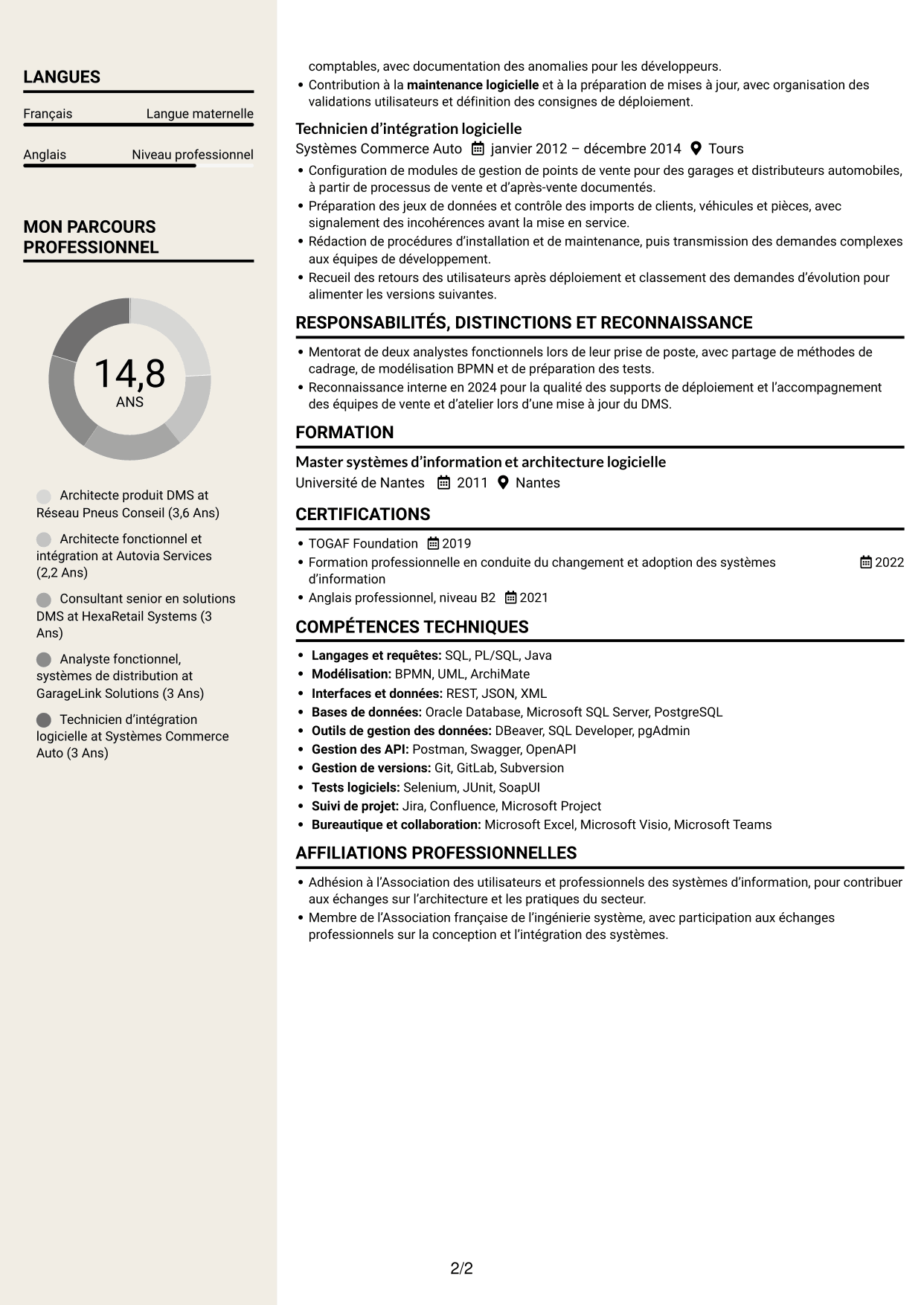 CV Fonceur (format à deux colonnes avec en-tête centré sans photo) : Architecte produit Dealer Management System, page 2