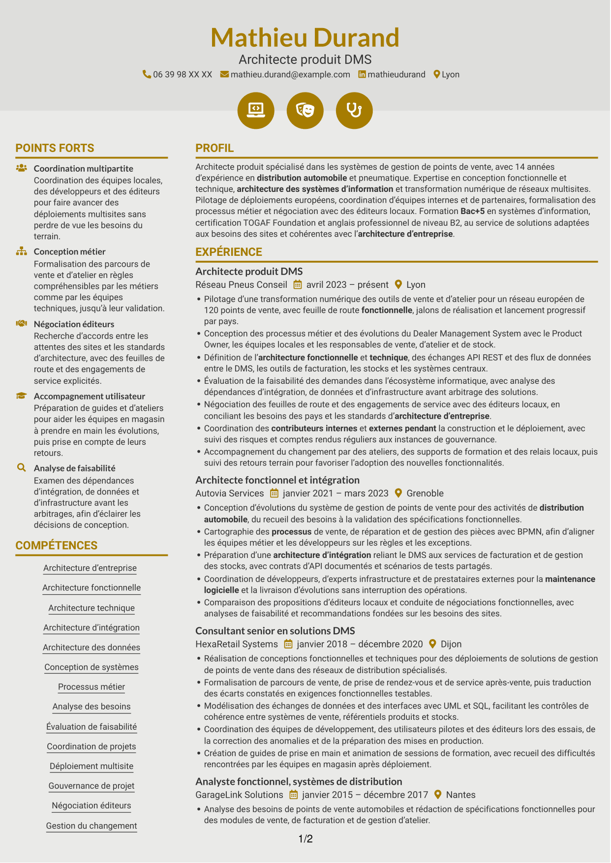 CV Dynamique (format à deux colonnes avec icônes) : Architecte produit Dealer Management System, page 1