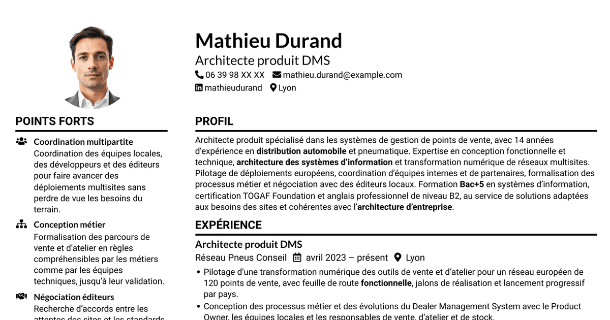 7 modèles de CV pour Architecte produit Dealer Management System, avec exemples