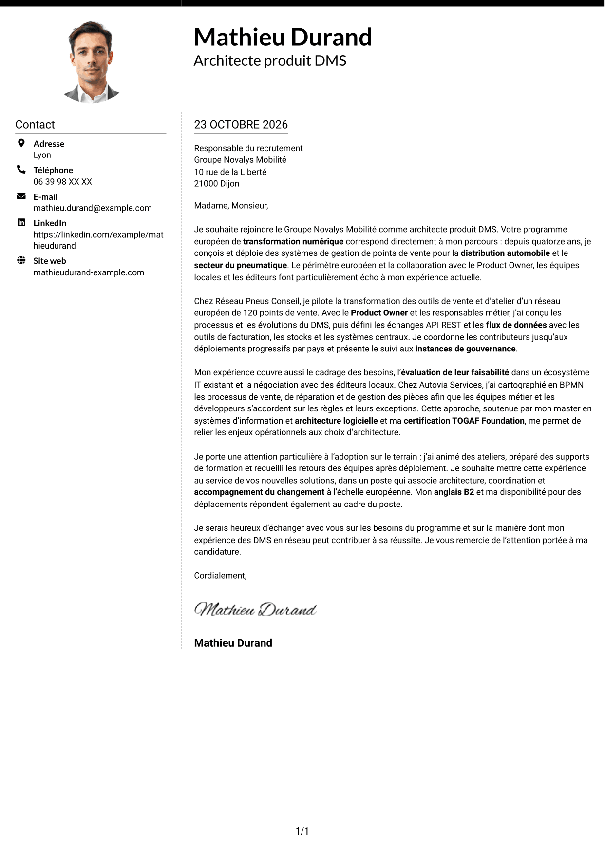 Lettre de motivation Moderne (format à deux colonnes avec photo à gauche et séparateur) : Architecte produit Dealer Management System, page 1