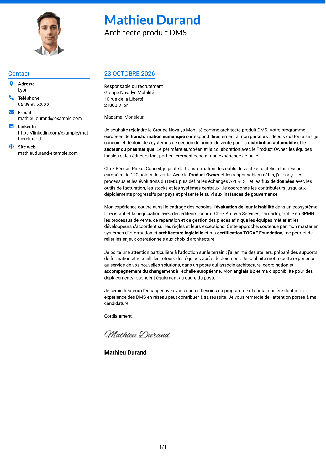 Lettre de motivation Audacieux (format à deux colonnes avec accents colorés et photo) : Architecte produit Dealer Management System, page 1